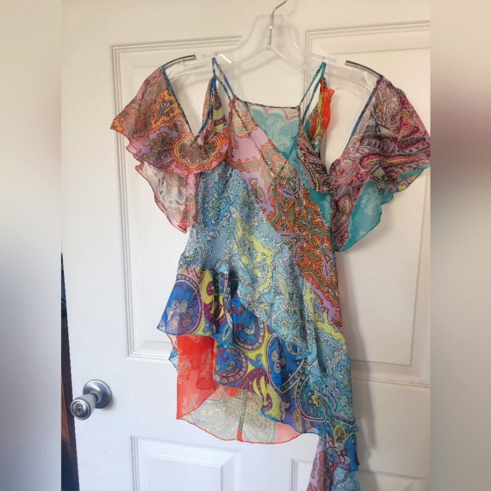 ZARA SHEER MULTI COLOR BACKLESS TIE BACK RUFFLE HALTER TOP
